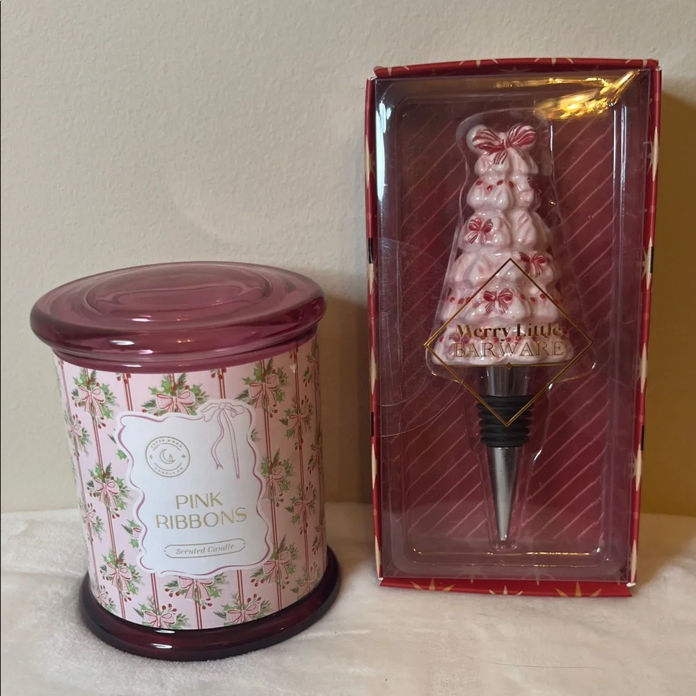 Pink Holiday Gift Set – Super Moon Candle Co. Candle + Pink Tree Bottle Stopper‎